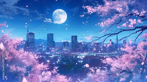 Night cityscape under a full moon with blooming sakura trees, dreamy anime background photo