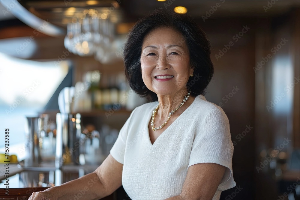 A sophisticated elderly woman in a white dress smiles contentedly at a yacht bar, reflecting elegance, joy, and luxury amid a chic and affluent atmosphere. A sophisticated elderly woman in a white dress smiles contentedly at a yacht bar, reflecting elegance, joy, and luxury amid a chic and affluent atmosphere.