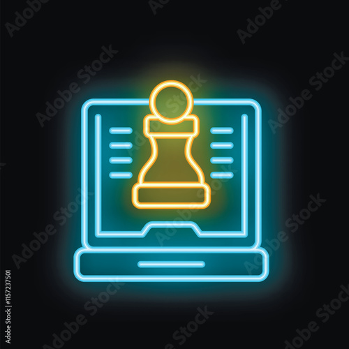Yellow neon chess piece displayed on the blue screen of a laptop, symbolizing online strategy game