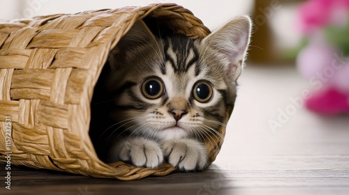 Curious kitten peeks out from a woven basket in a cozy indoor setting during a sunny afternoon photo