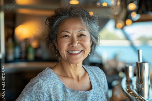 A cheerful elderly woman wearing a cozy blue sweater smiles warmly on a yacht, capturing tranquility, happiness, and leisure amidst a soothing maritime backdrop. photo