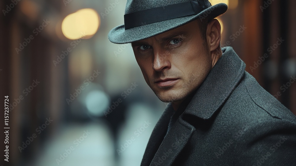 Stylish man in fedora coat stands confidently in urban alleyway during golden hour capturing the essence of classic fashion and cinematic mystery Stylish man in fedora coat stands confidently in urban alleyway during golden hour capturing the essence of classic fashion and cinematic mystery