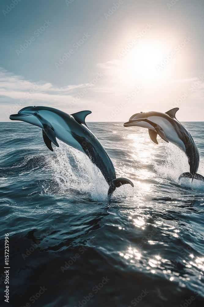 Fototapeta premium Dolphins leaping gracefully over ocean waves at sunset near a serene coastline
