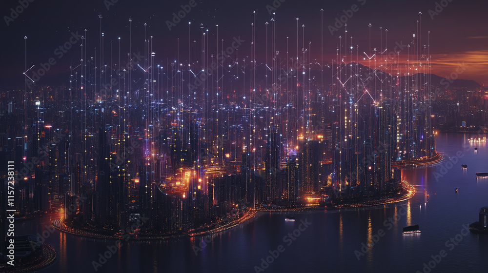 Smart digital Innovation city with connection network reciprocity over the cityscape. of future smart wireless digital city and social media networking systems that connects people with in city Smart digital Innovation city with connection network reciprocity over the cityscape. of future smart wireless digital city and social media networking systems that connects people with in city
