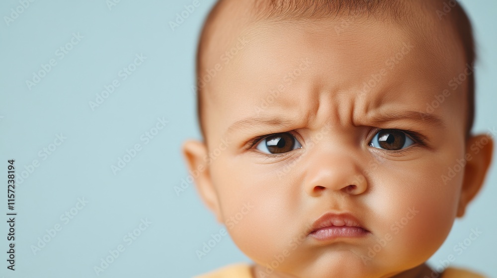 Cute baby displays a frown with furrowed brows, showcasing a serious expression against a light blue background in a cozy indoor setting Cute baby displays a frown with furrowed brows, showcasing a serious expression against a light blue background in a cozy indoor setting