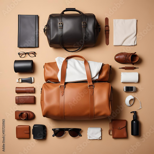 A classic leather weekender bag with travel essentials spilling out, set against a beige background. photo