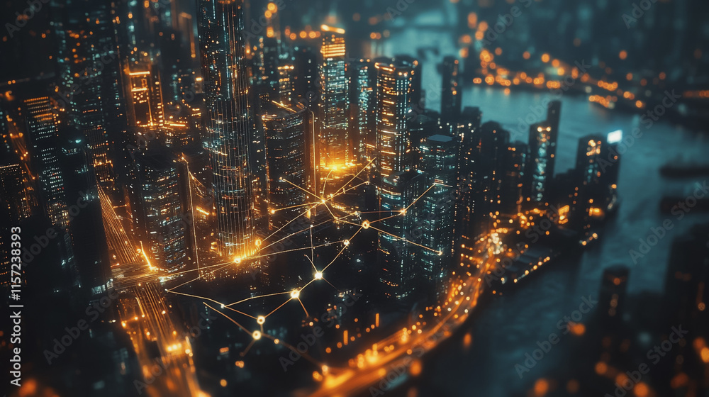 Fototapeta premium Smart digital Innovation city with connection network reciprocity over the cityscape. of future smart wireless digital city and social media networking systems that connects people with in city