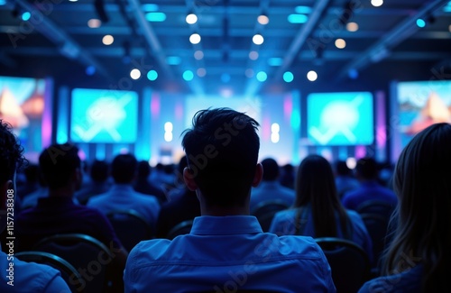 Large audience attends conference. Attendees sit in auditorium. Blue LED screens, light decorations illuminate stage. People focus on presentation. Event setting formal. Indoor venue. Business