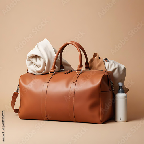 A classic leather weekender bag with travel essentials spilling out, set against a beige background. photo