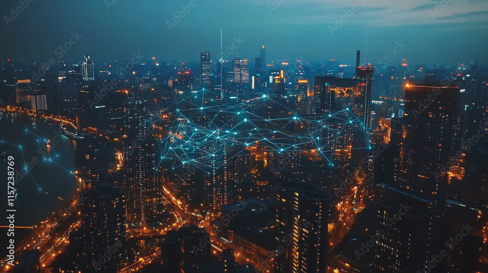 Fototapeta premium Smart digital Innovation city with connection network reciprocity over the cityscape. of future smart wireless digital city and social media networking systems that connects people with in city
