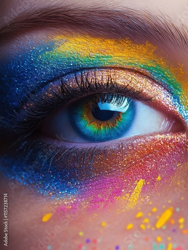 Brightly colored eye makeup enhances a captivating gaze with vibrant hues and artistic flair in a close-up visual exploration