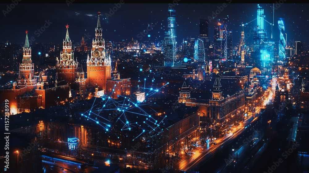 Obraz premium Smart digital Innovation city with connection network reciprocity over the cityscape. of future smart wireless digital city and social media networking systems that connects people with in city