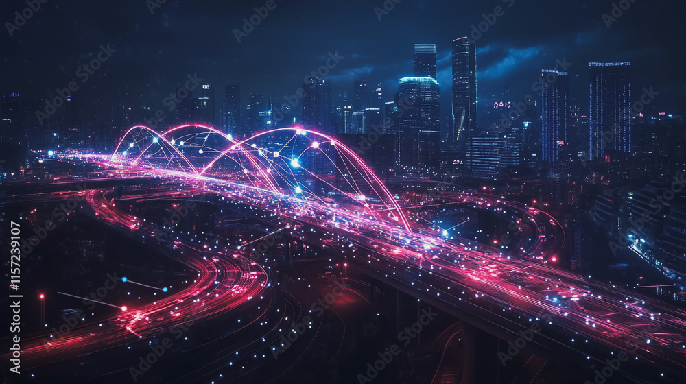 Fototapeta premium Smart digital Innovation city with connection network reciprocity over the cityscape. of future smart wireless digital city and social media networking systems that connects people with in city