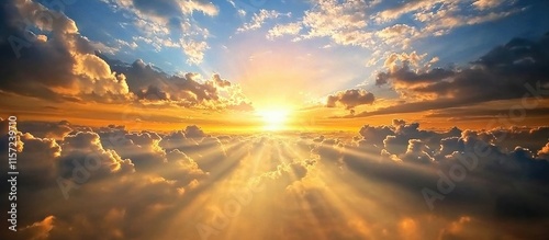 At dawn, a beautiful sunrise colors the sky, symbolizing new beginnings. The community joyfully celebrates Easter, representing renewal and hope, enveloping all in peace and togetherness
