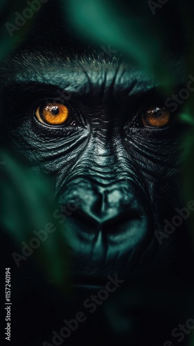 Close encounter with a majestic gorilla showcasing its striking golden eyes amidst lush green foliage in the wild
