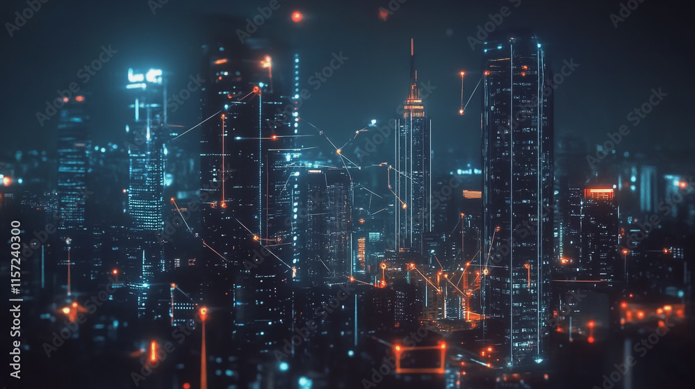 Fototapeta premium Smart digital Innovation city with connection network reciprocity over the cityscape. of future smart wireless digital city and social media networking systems that connects people with in city