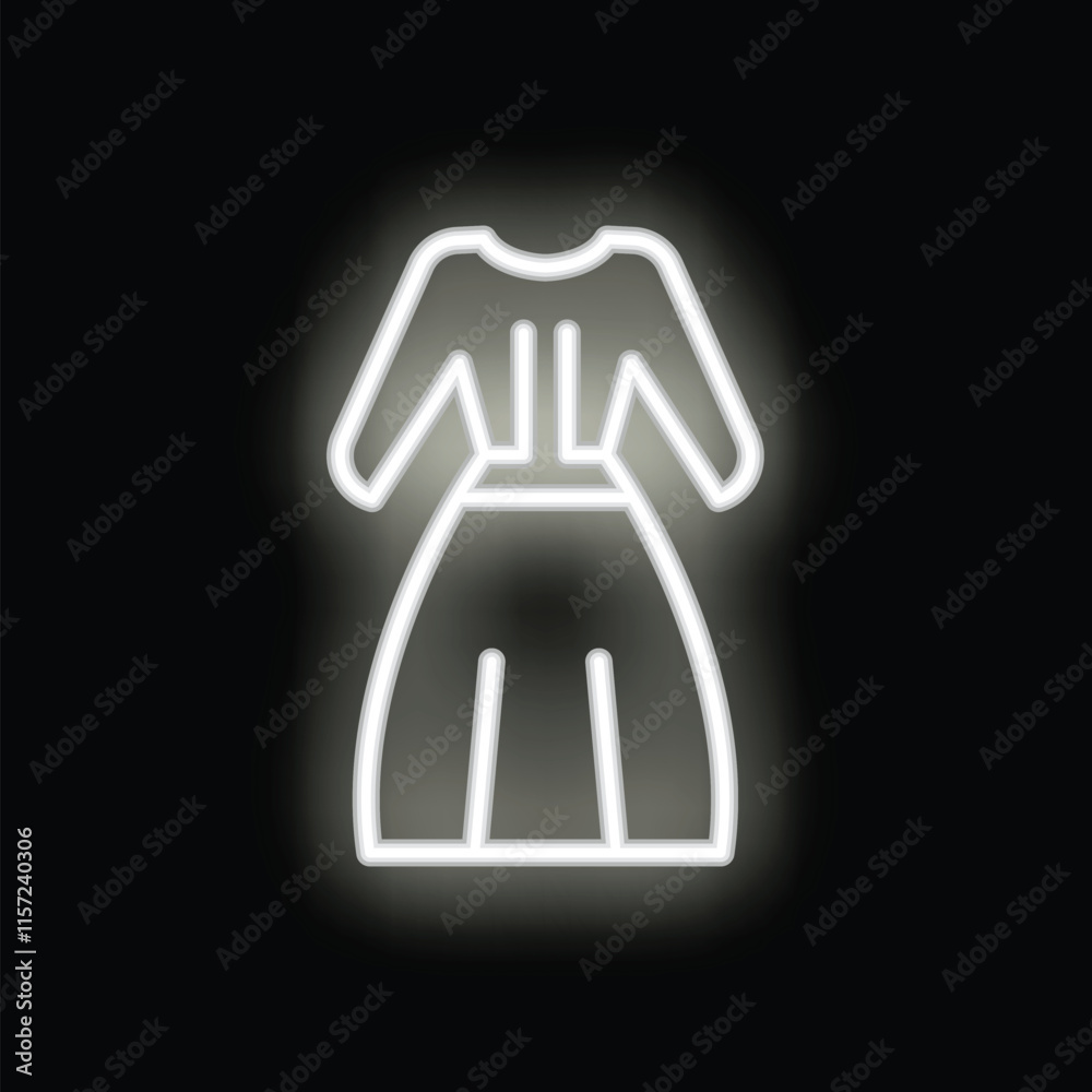 White neon sign depicting a simple dress with skirt, glowing on a dark background White neon sign depicting a simple dress with skirt, glowing on a dark background
