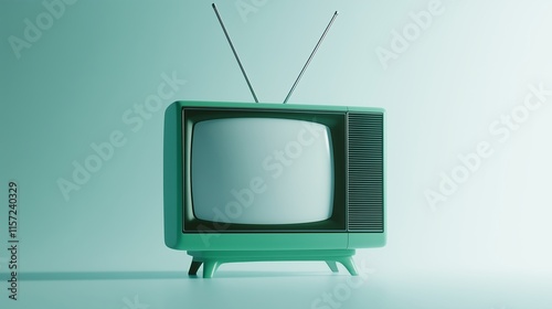 90s green+yellow television, model, double-pronged antenna, white screen, white background, 8K real photo. Front view. photo