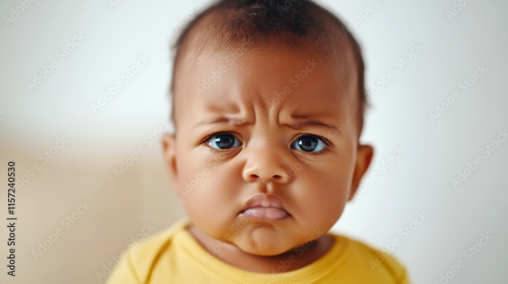 Cute baby with a serious expression wearing a yellow shirt indoors during daylight, showcasing a playful yet puzzling mood from the child in a neutral-toned environment Cute baby with a serious expression wearing a yellow shirt indoors during daylight, showcasing a playful yet puzzling mood from the child in a neutral-toned environment