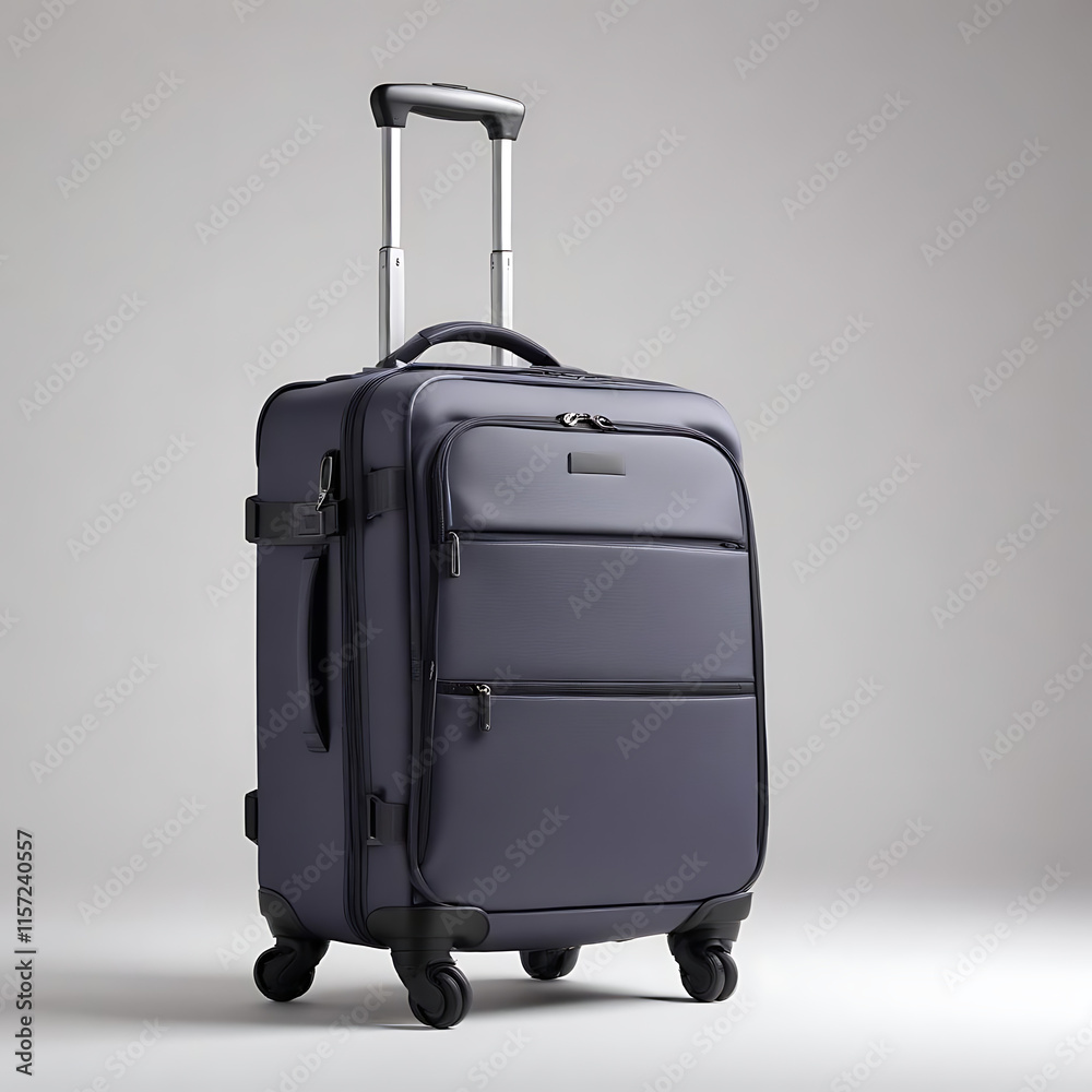 A compact carry-on luggage with retractable handles, positioned diagonally on a white surface. A compact carry-on luggage with retractable handles, positioned diagonally on a white surface.
