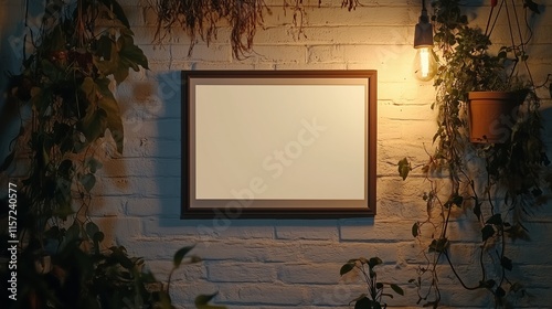 A Blank white colour frame zoomed hung on a white brick wall, with plants hanging on the wall, warm colour palatte, realistic photo photo