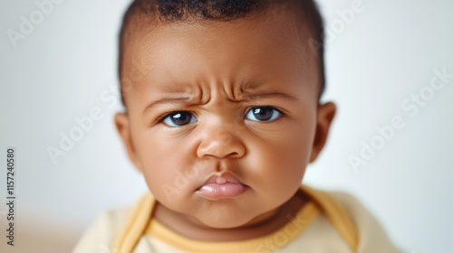 Baby with serious expression sitting indoors during daylight, conveying strong emotions and curiosity while wearing a yellow onesie and looking directly at the camera photo