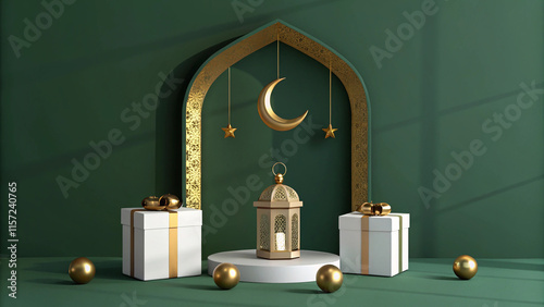 Islamic background, Gift box, lantern, gold crescent moon on white. Design concept of ramadan kareem, mawlid, iftar, isra and miraj or eid al fitr adha 3D illustration.  photo