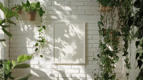 A Blank white colour frame zoomed hung on a white brick wall, with plants hanging on the wall, warm colour palatte, realistic photo