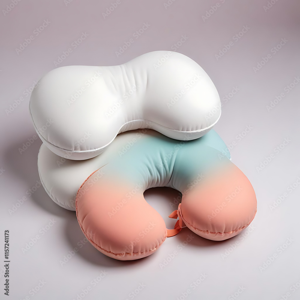 Obraz premium A compact neck pillow and an eye mask, arranged neatly on a white surface.