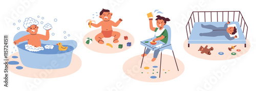 Vector illustration set of toddler daily routines. Bathing, eating, sleeping scenes, baby crying and playing. Flat cartoon compositions, bright colors, collection for parenting and childhood themes