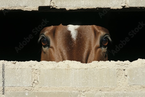 A close-up of a horse face, showing its soulful brown eyes and soft, shiny coat, framed by a rustic barn background