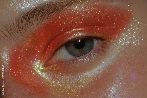 A close-up of a human eye and cheek, with fine details of the eyelashes, pores, and subtle light reflections photo