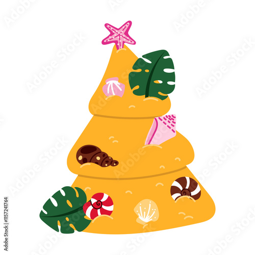 Christmas tree made of beach sand is decorated with shells and tropical leaves on white. Cone shapes. Christmas holidays in the tropics, on vacation. Isolated beach exhibit for greeting cards, banners