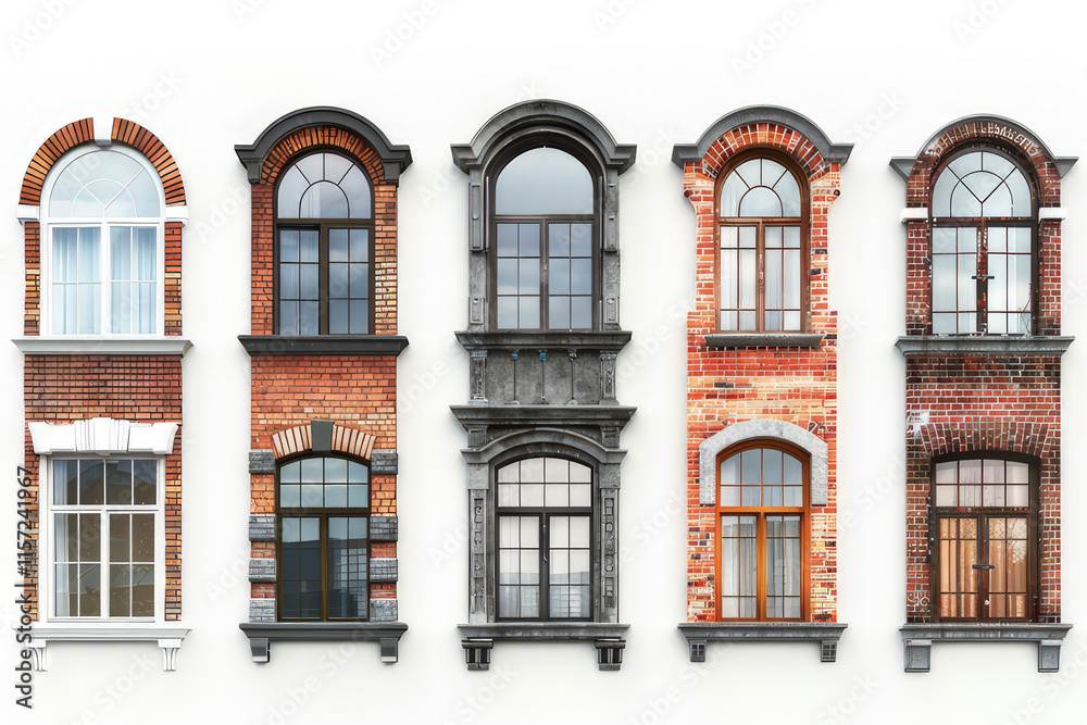 Fototapeta premium A collection of five distinct architectural window designs on a white wall. isolated on white background