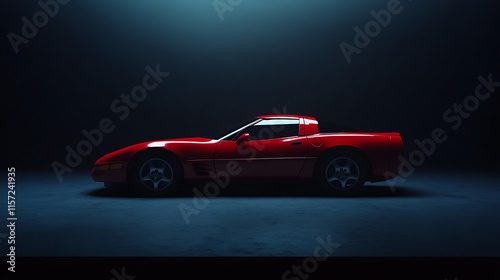 A red vintage Corvette is shown in a studio setting.
