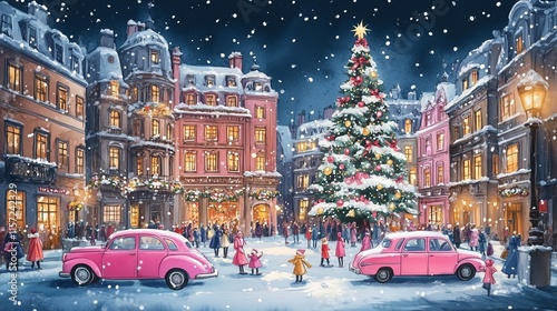 A Christmas card of the city street with pink cars, people in bright walking around and celebrating Christmas.