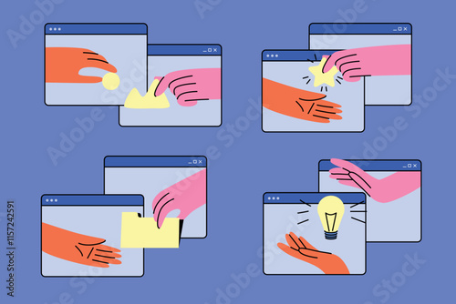 Set of colorful illustrations of hands exchanging objects like coins, paper, light bulbs, and stars. Demonstrates communication, teamwork, and idea-sharing concepts. Minimalist vector flat style.