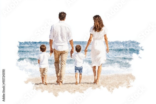A delicate watercolor of a human family walking along a beach at sunset, with soft pastel tones blending beautifully