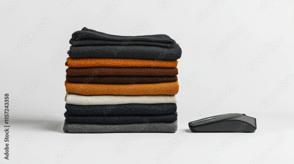 A stack of office wear clothes neatly folded with an electric iron resting beside it on white. A stack of office wear clothes neatly folded with an electric iron resting beside it on white.
