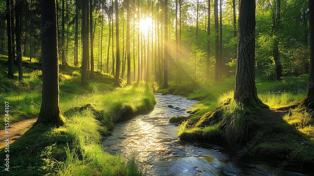 Obraz premium A peaceful forest landscape with sunlight streaming through the trees, casting shadows on a winding forest stream. Ai generated