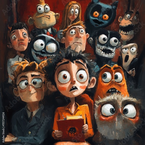 Group of Animated Characters With Various Expressions Watching a Horror Movie in a Dimly Lit Theater on a Spooky Night