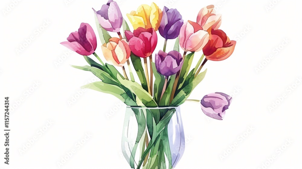 Fototapeta premium Vibrant Tulips Bouquet in Glass Vase Watercolor Painting