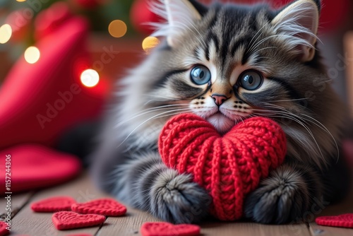 Adorable Kitten Holding Red Heart Toy, Perfect for Valentine's Day Cards, Gifts, or Social Media Posts