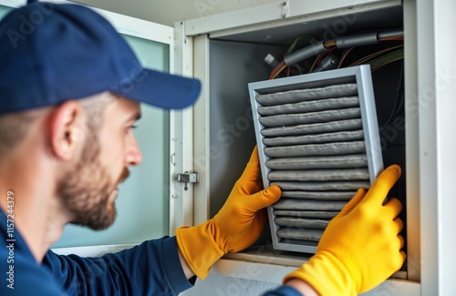 HVAC technician replaces dirty air filter in central ventilation system. Changes filter in rotary heat exchanger recuperator. Home air duct ventilation system maintenance ensures clean air. Pro photo
