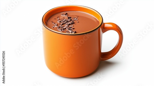 A professional photo of an orange mug with hot chocolate inside. should be isolated and on a white background. photo