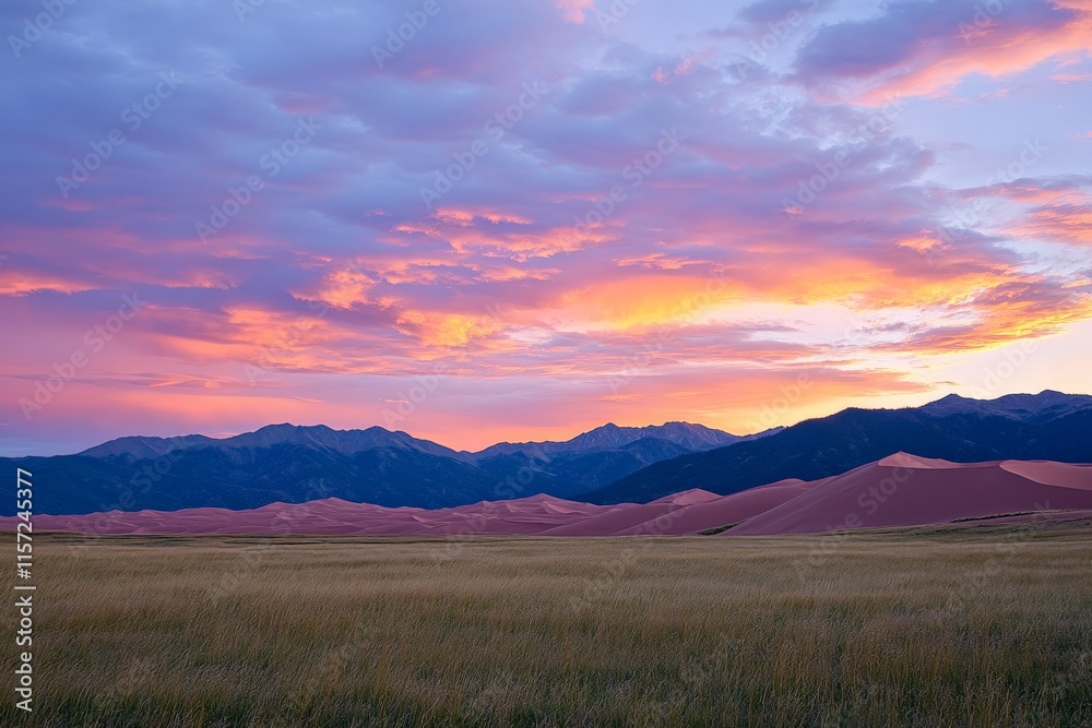 Obraz premium A magical sunset unfolds over the serene dunes with the silhouette of distant mountains, capturing a vista of enchanting natural beauty that instills tranquility.