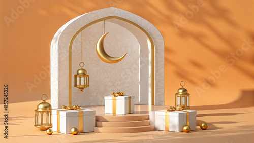 Islamic background, Gift box, lantern, gold crescent moon on white. Design concept of ramadan kareem, mawlid, iftar, isra and miraj or eid al fitr adha 3D illustration.  photo