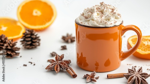 A professional photo of an orange mug with hot chocolate inside. should be isolated and on a white background. photo