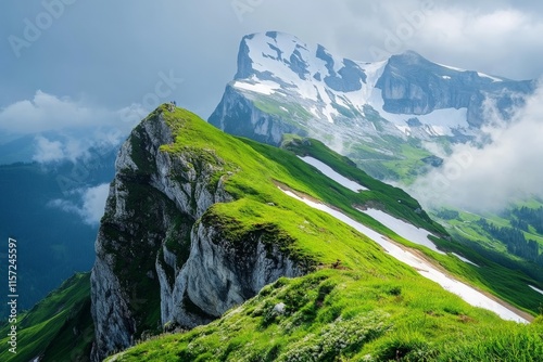 A stunning landscape of lush green alpine meadows with snow-capped peaks rising majestically under a cloudy sky, capturing the beauty of mountain serenity. photo