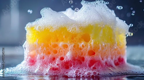 A vibrant dishwashing sponge, half-dipped in water, with soap suds covering its surface. photo